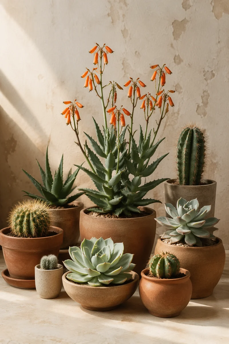 Potted Cactus Succulent Collection With Orange Flowers