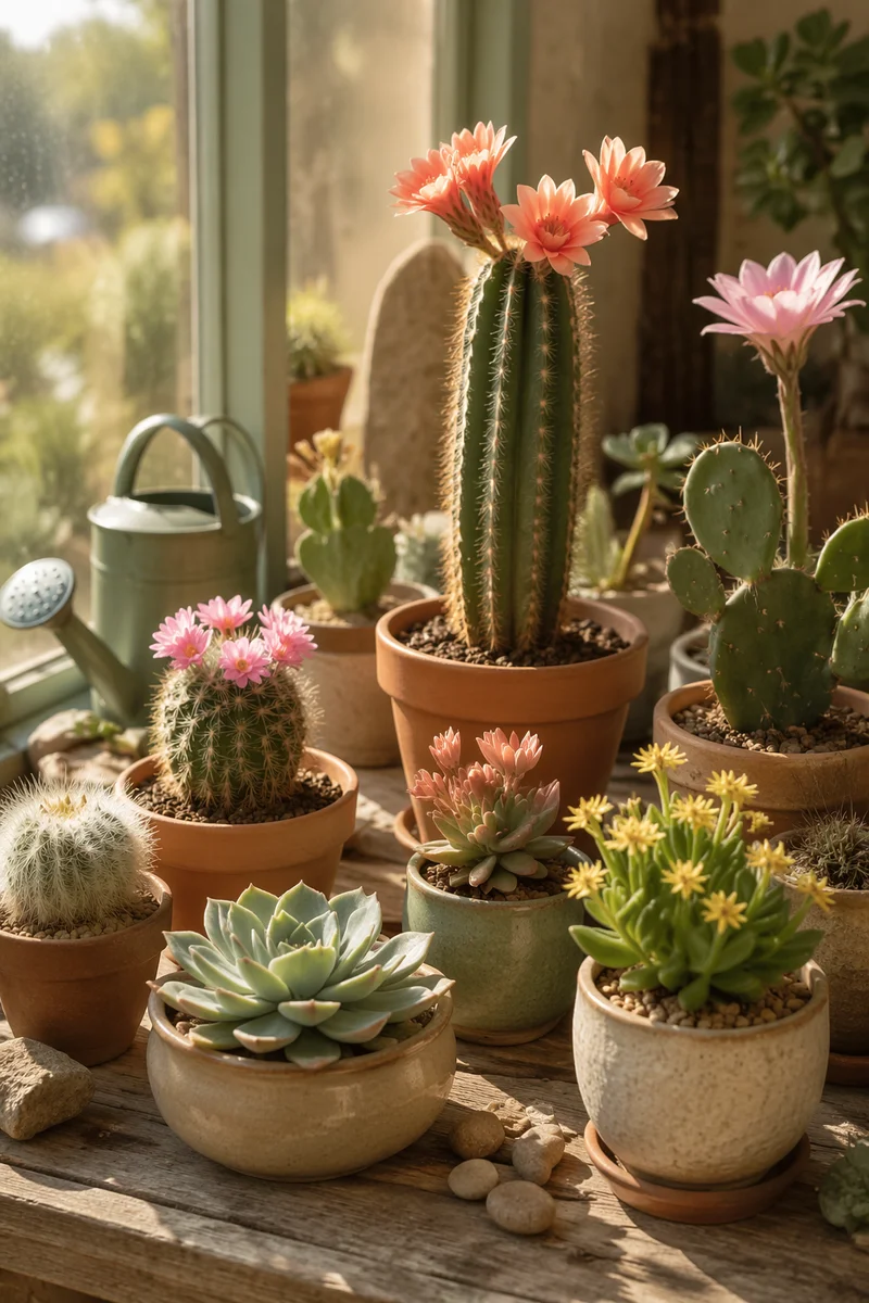 Potted Cactus Succulent Collection with Blooms