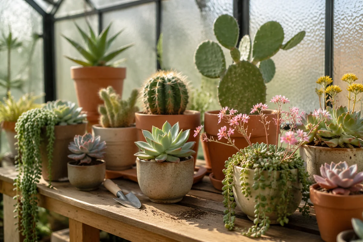 Sunlit Potted Cactus and Succulent Collection