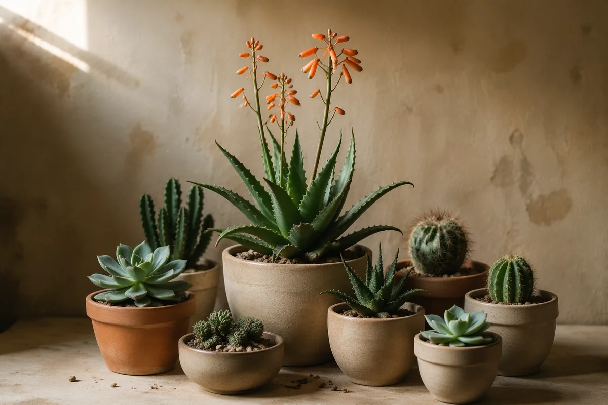 Potted Cactus Succulent Collection with Orange Flowers