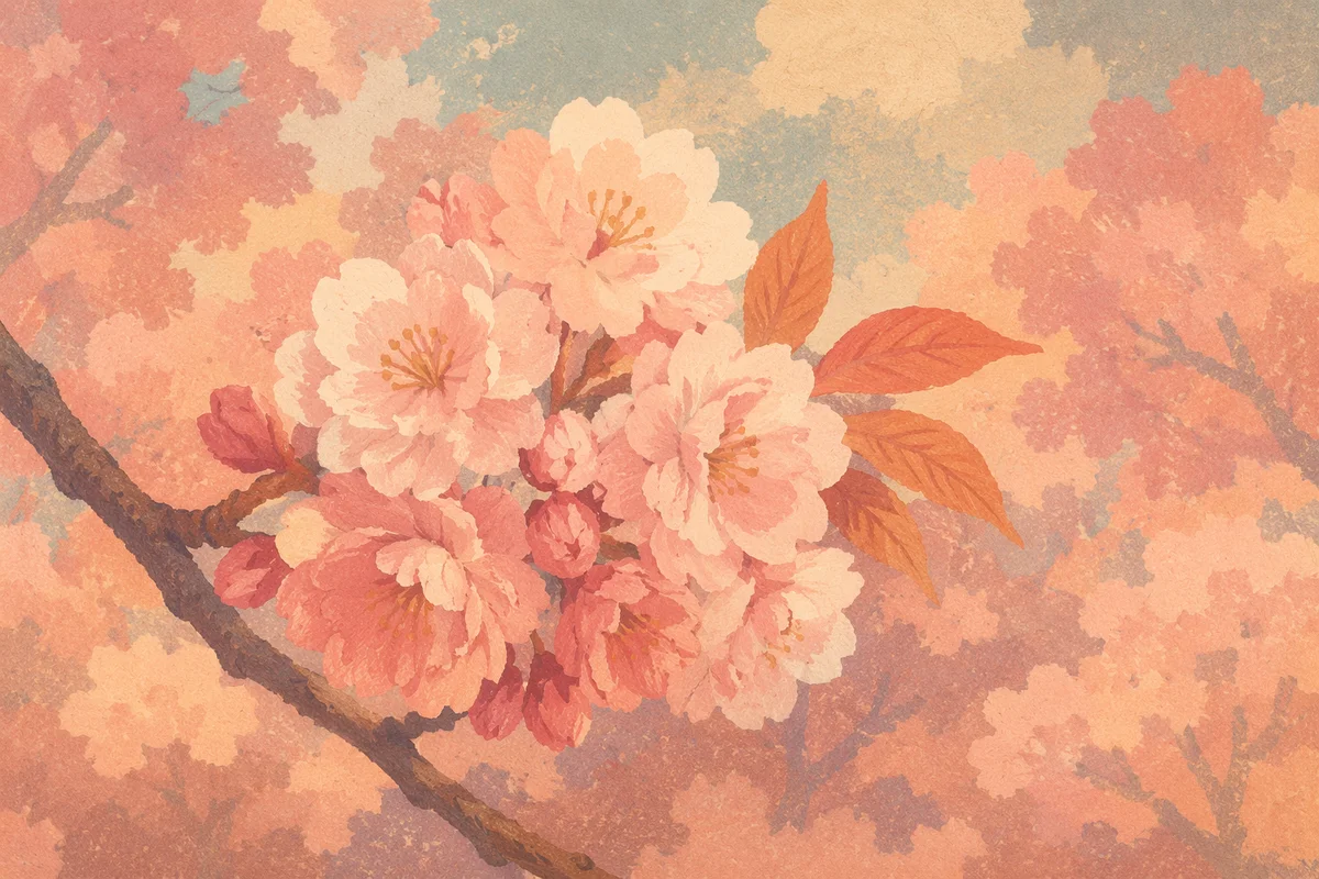 Pink Cherry Blossom Branch in Spring Light