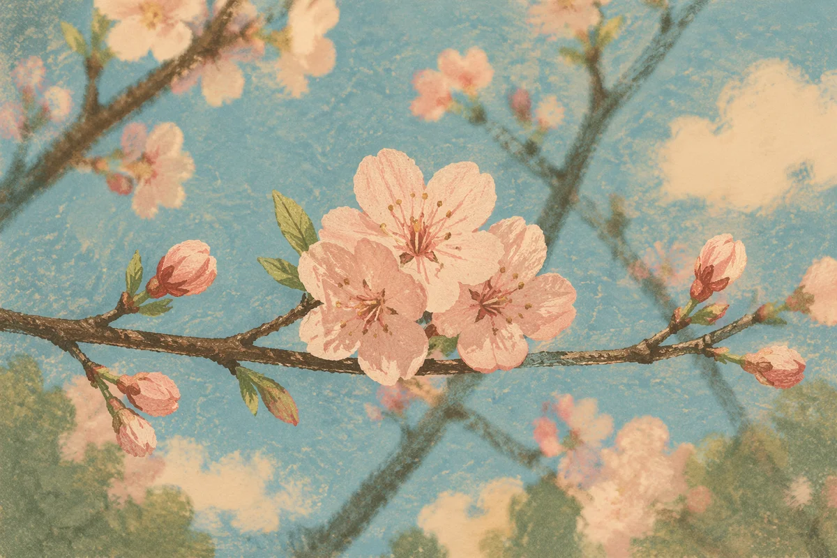 Pink Cherry Blossom Branch in Spring Light