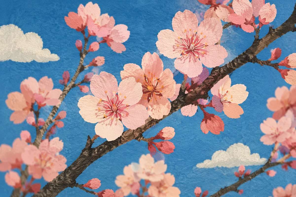 Pink Cherry Blossom Branches in Spring Sky