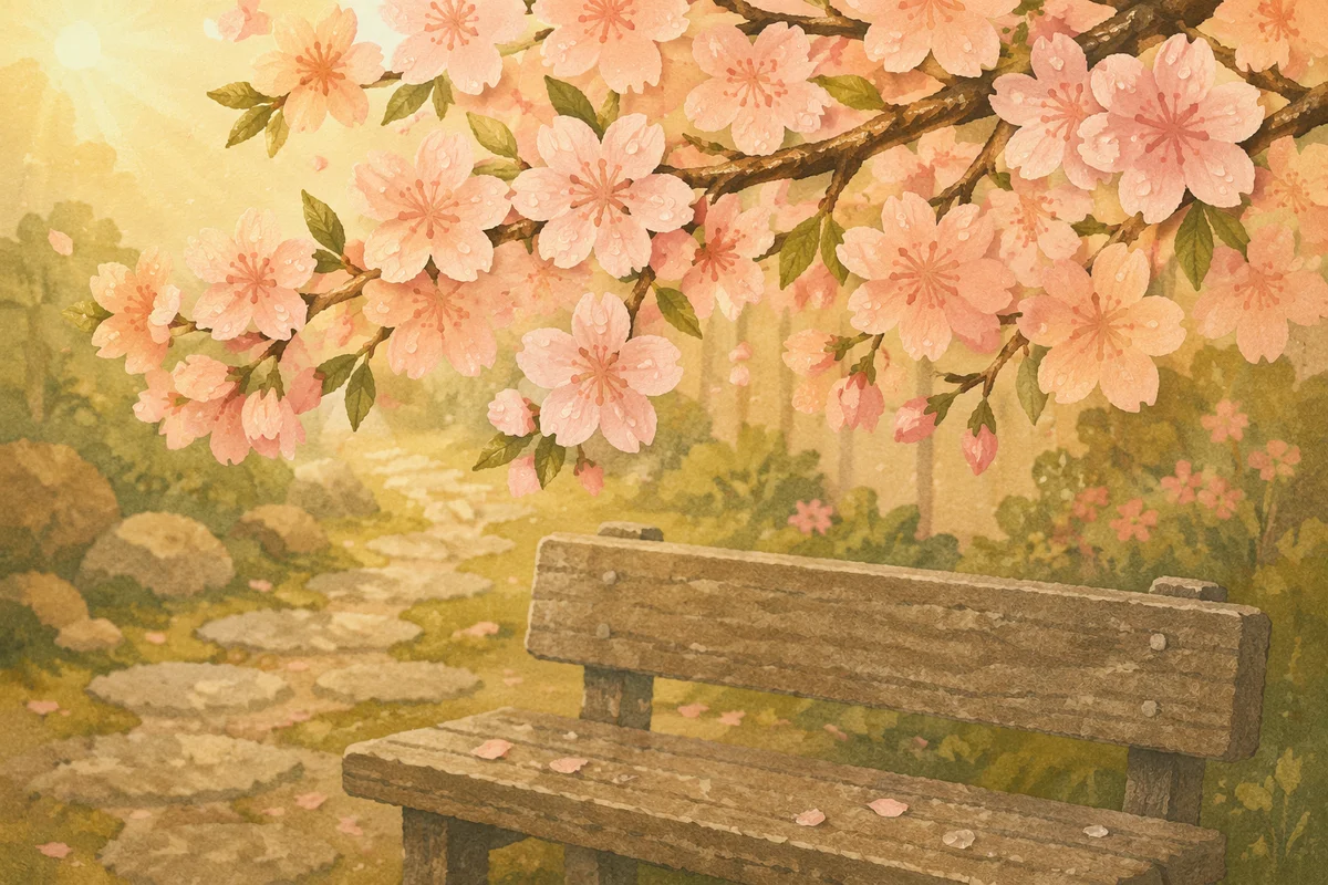 Pink Cherry Blossoms Over Quiet Garden Bench