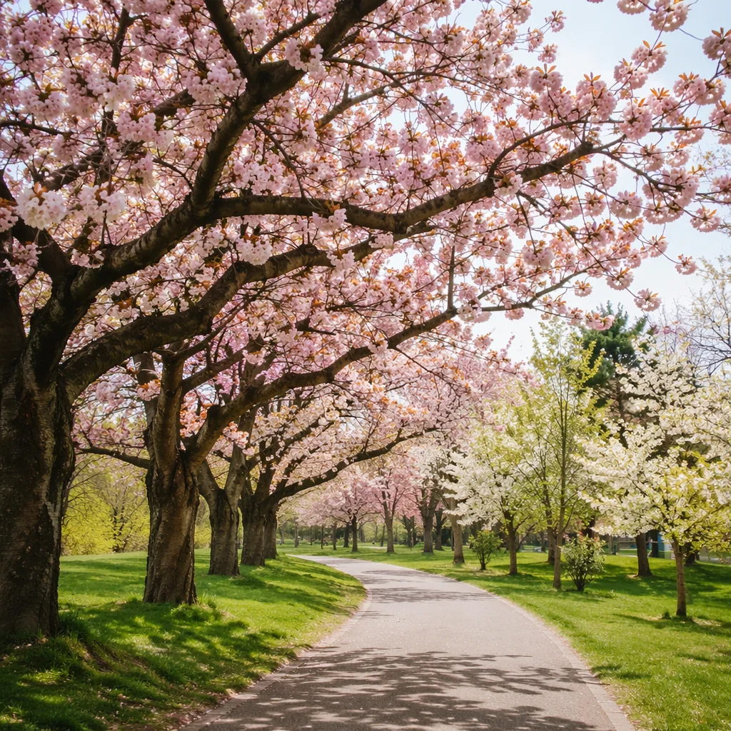 Cherry Blossom Path in Spring Morning
