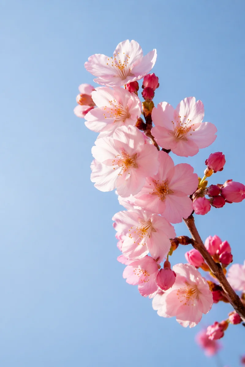 Pink Cherry Blossom Branch Against Blue Sky