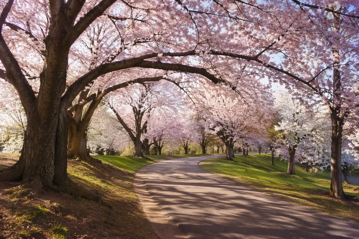 Cherry Blossom Path in Spring Morning Light