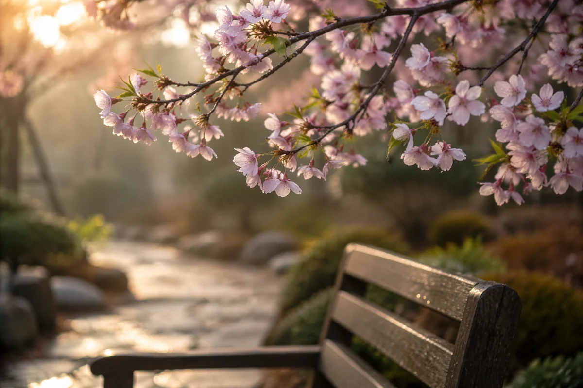 Pink Cherry Blossoms Over Quiet Garden Bench