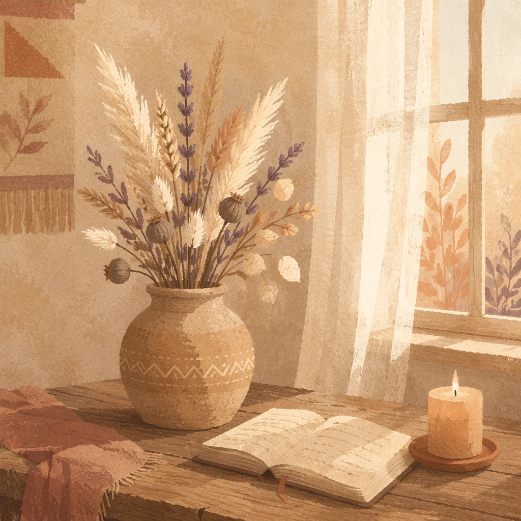 Boho Dried Flower Arrangement on Wooden Table