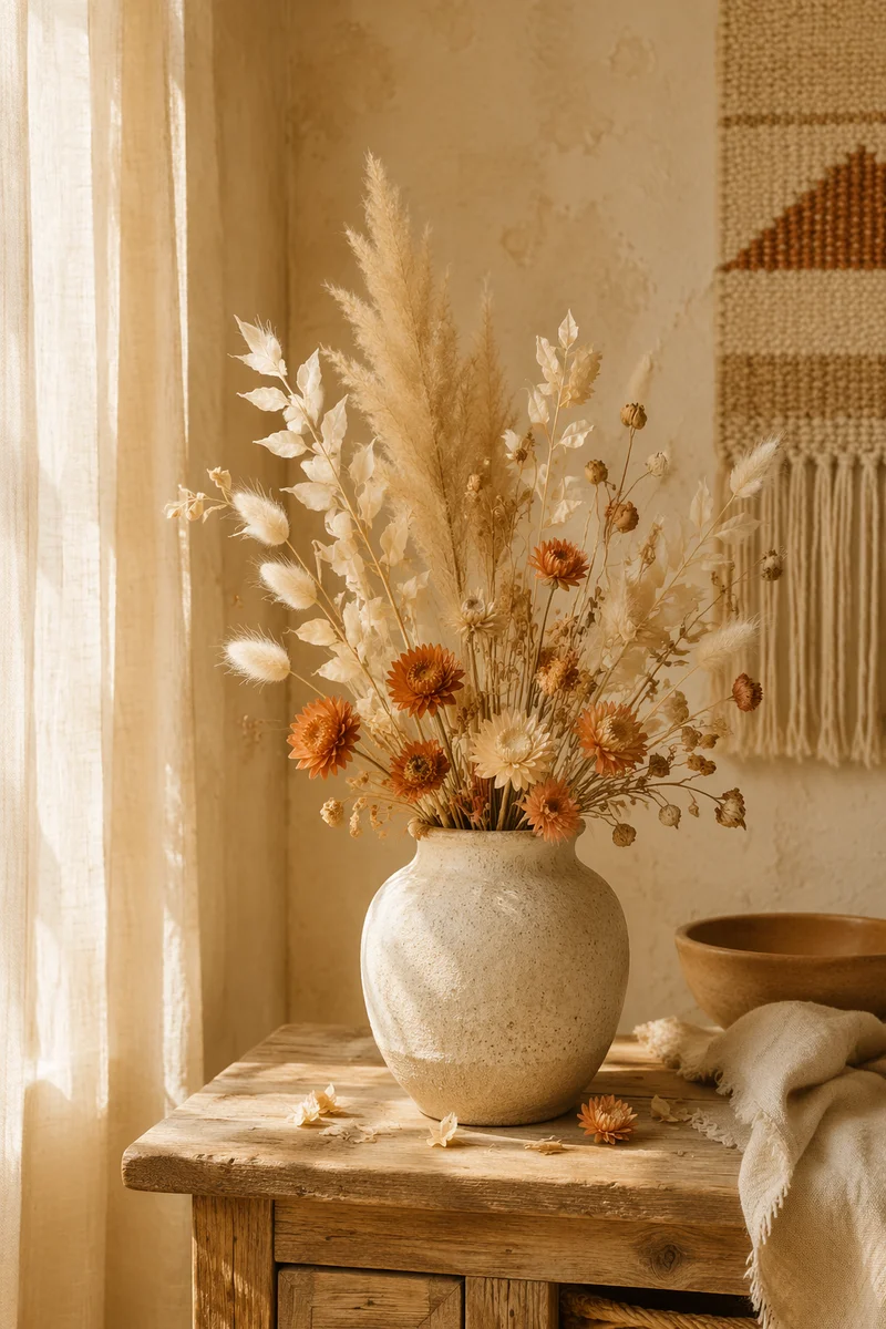 Boho Dried Flower Vase in Sunlit Interior