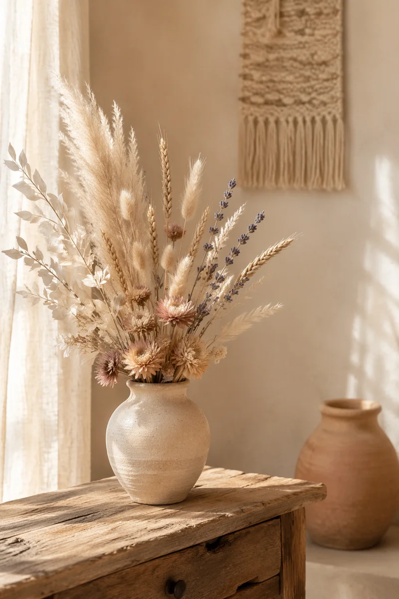 Boho Dried Flower Arrangement in Sunlit Interior