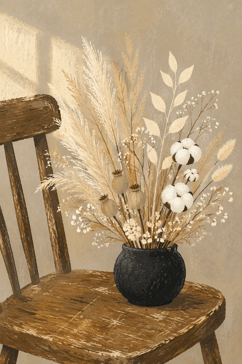 Boho Dried Flower Arrangement on Vintage Chair