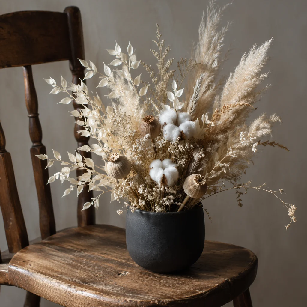 Boho Dried Flower Arrangement on Vintage Chair