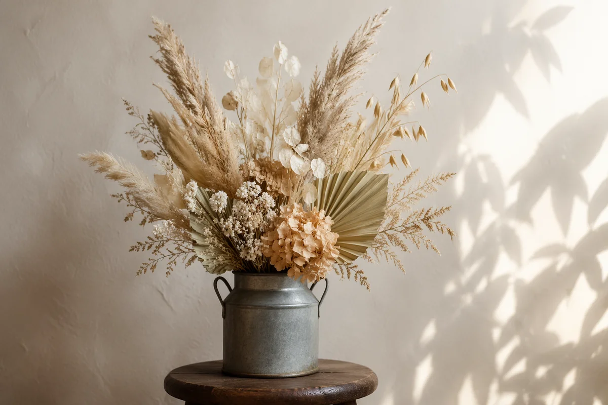 Boho Dried Flower Arrangement on Wooden Stool