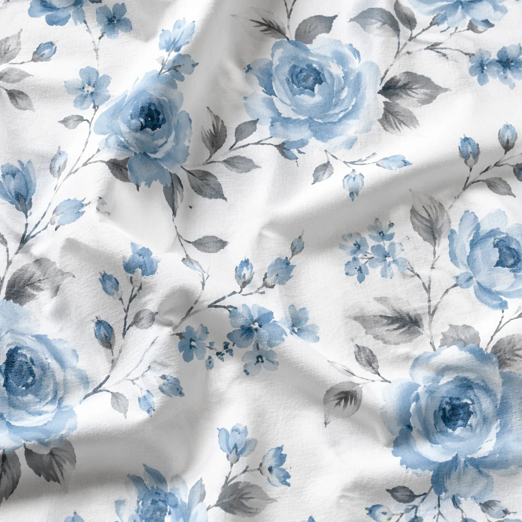 Seamless Blue Floral Cotton Fabric Pattern