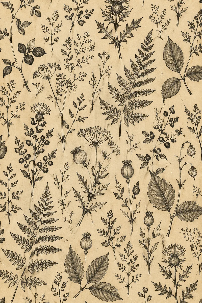 Vintage Botanical Floral Pattern on Parchment