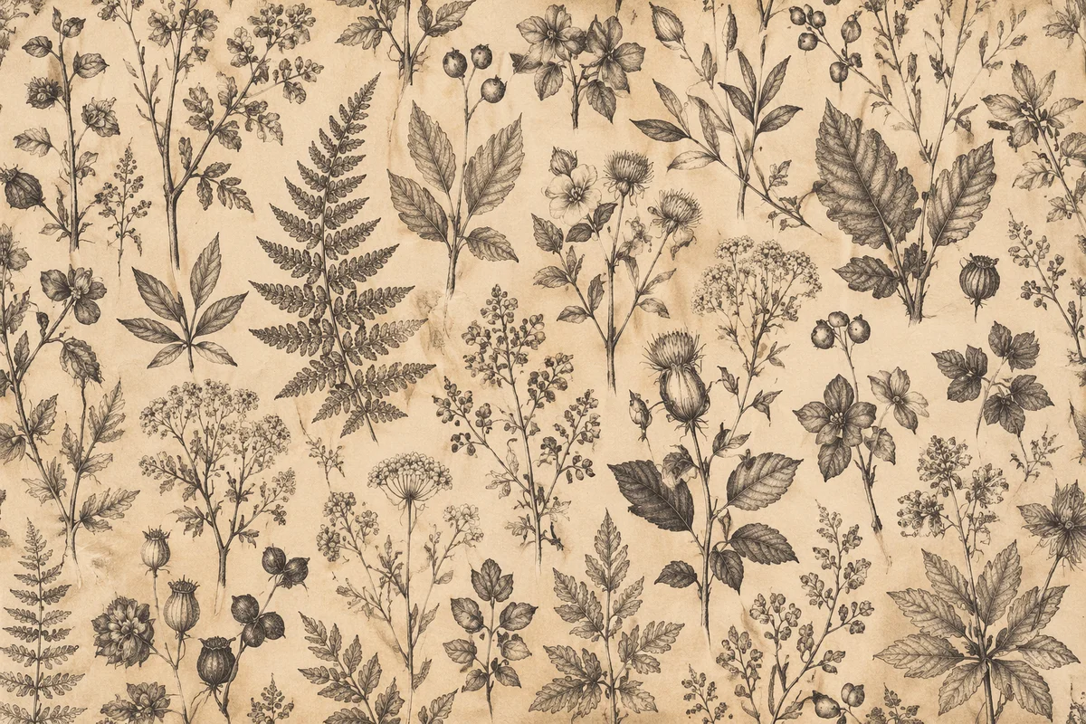 Vintage Botanical Floral Pattern on Parchment