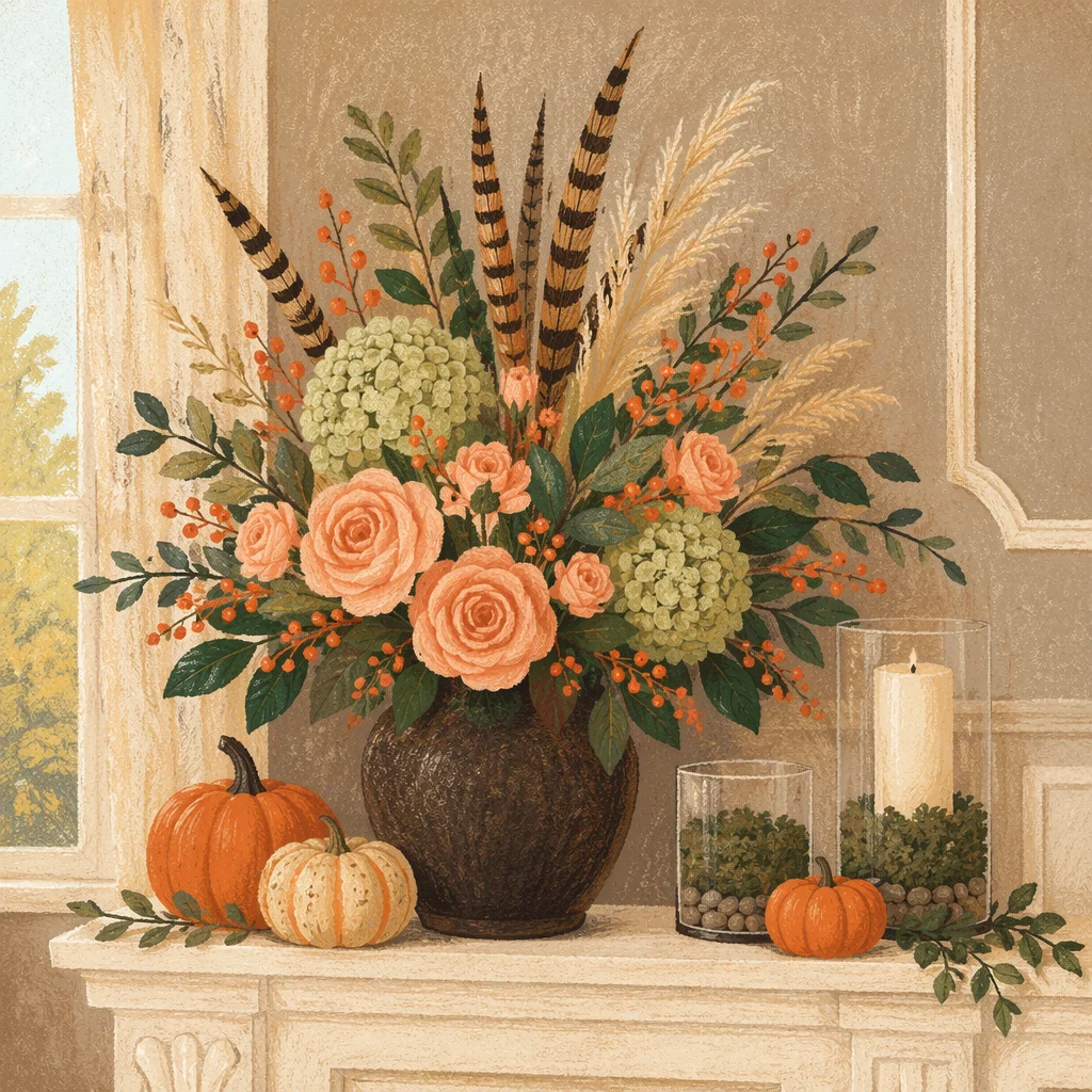 Autumn Floral Vase on White Mantel