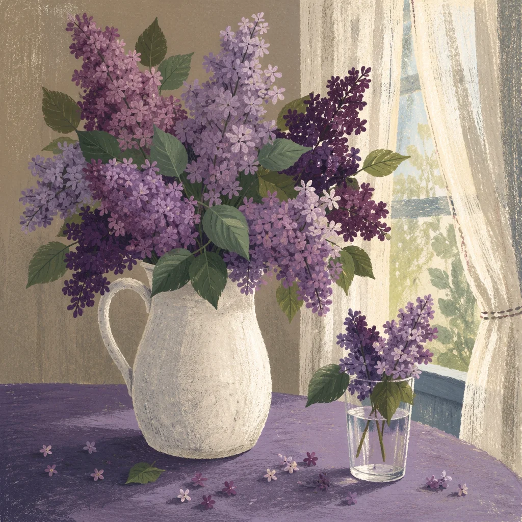 Spring Lilacs in White Ceramic Pitcher