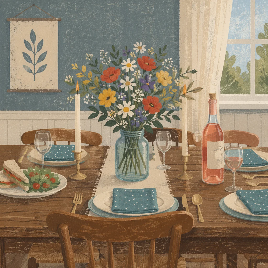 Fellowship Table With Teal Vase Flowers