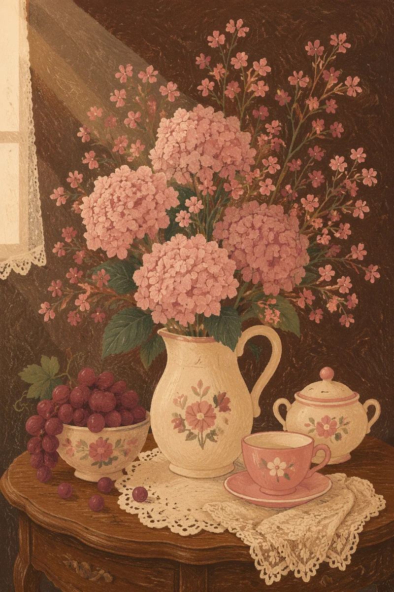 Romantic Flower Vase Still Life on Wooden Table
