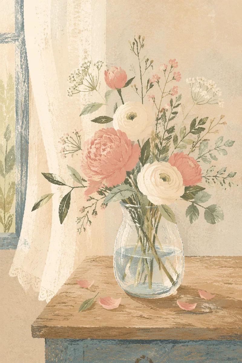 Quiet Floral Vase on Rustic Table