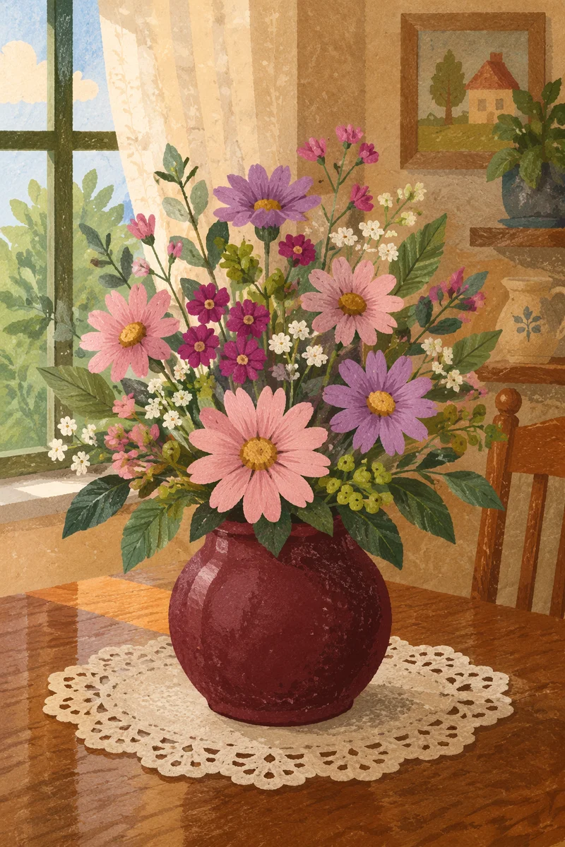 Rustic Flower Arrangement in Burgundy Vase