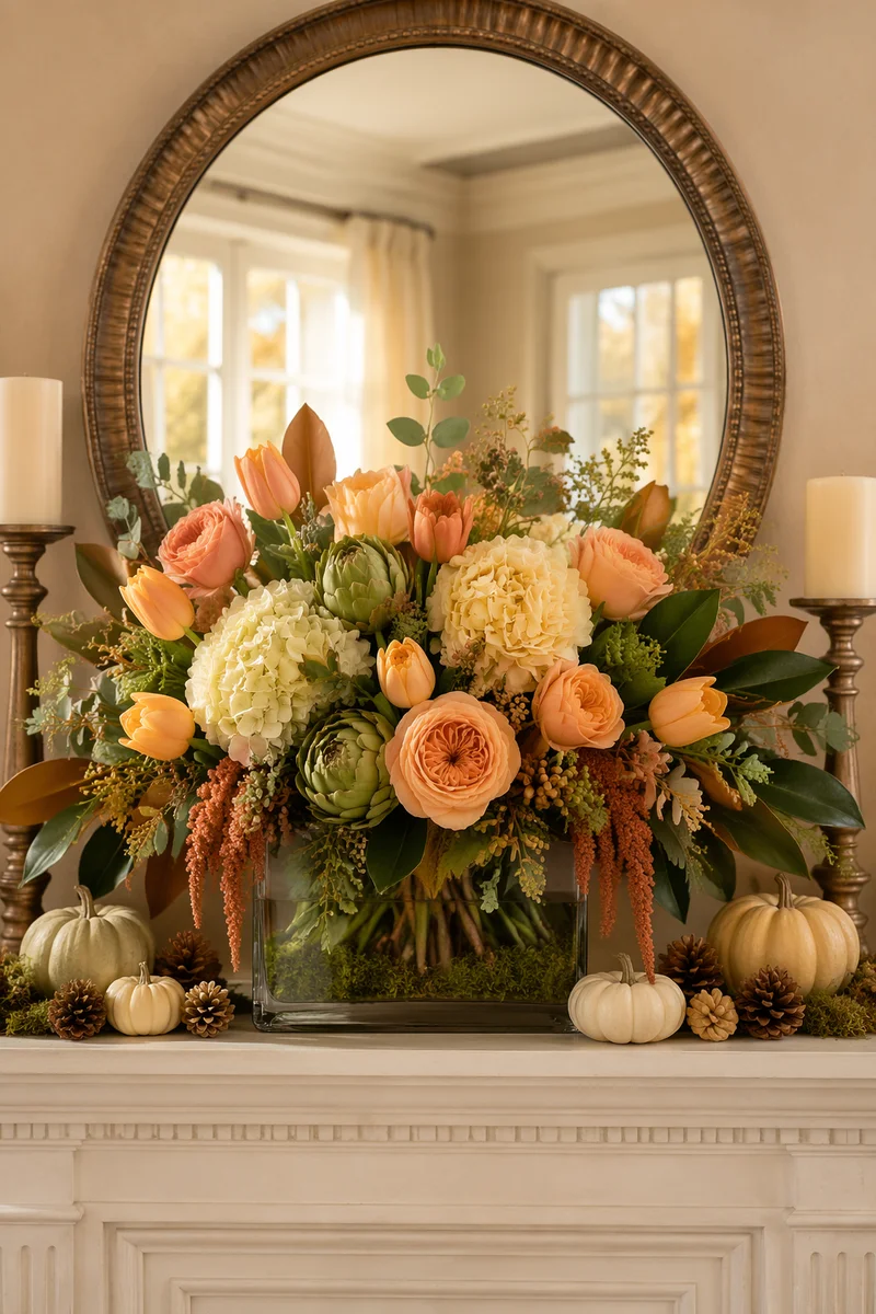 Autumn Floral Mantel Arrangement with Antique Mirror