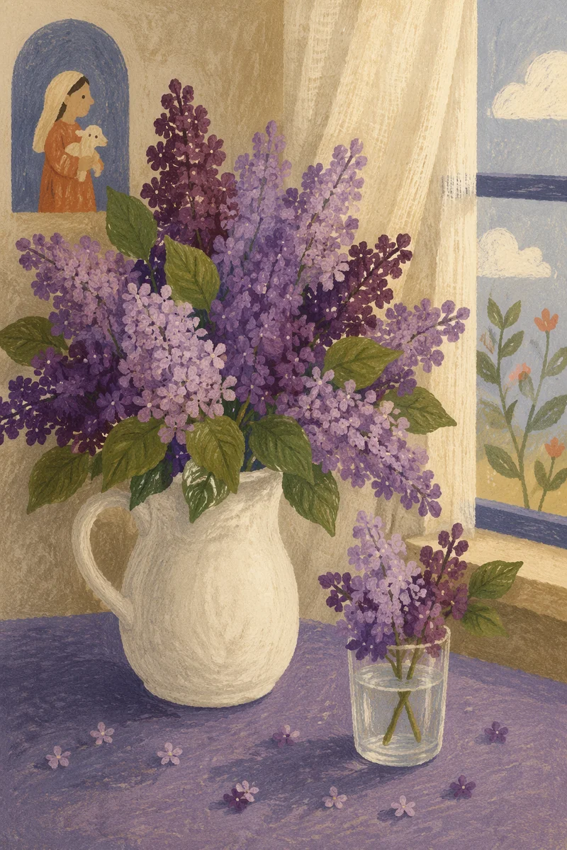 Spring Lilacs in White Ceramic Pitcher