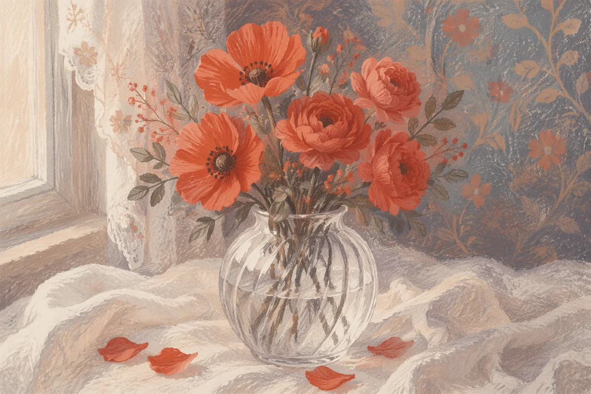 Romantic Red Orange Flowers in Glass Vase