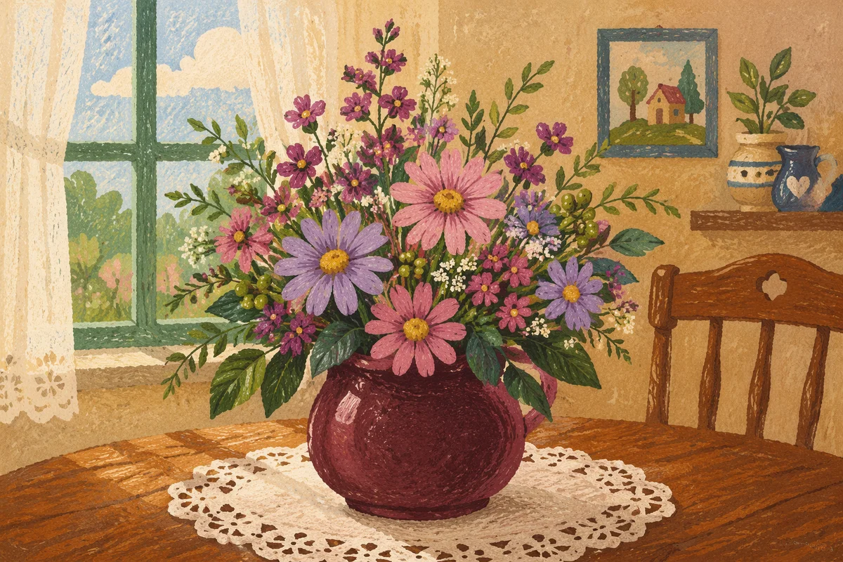 Rustic Floral Vase on Lace Table