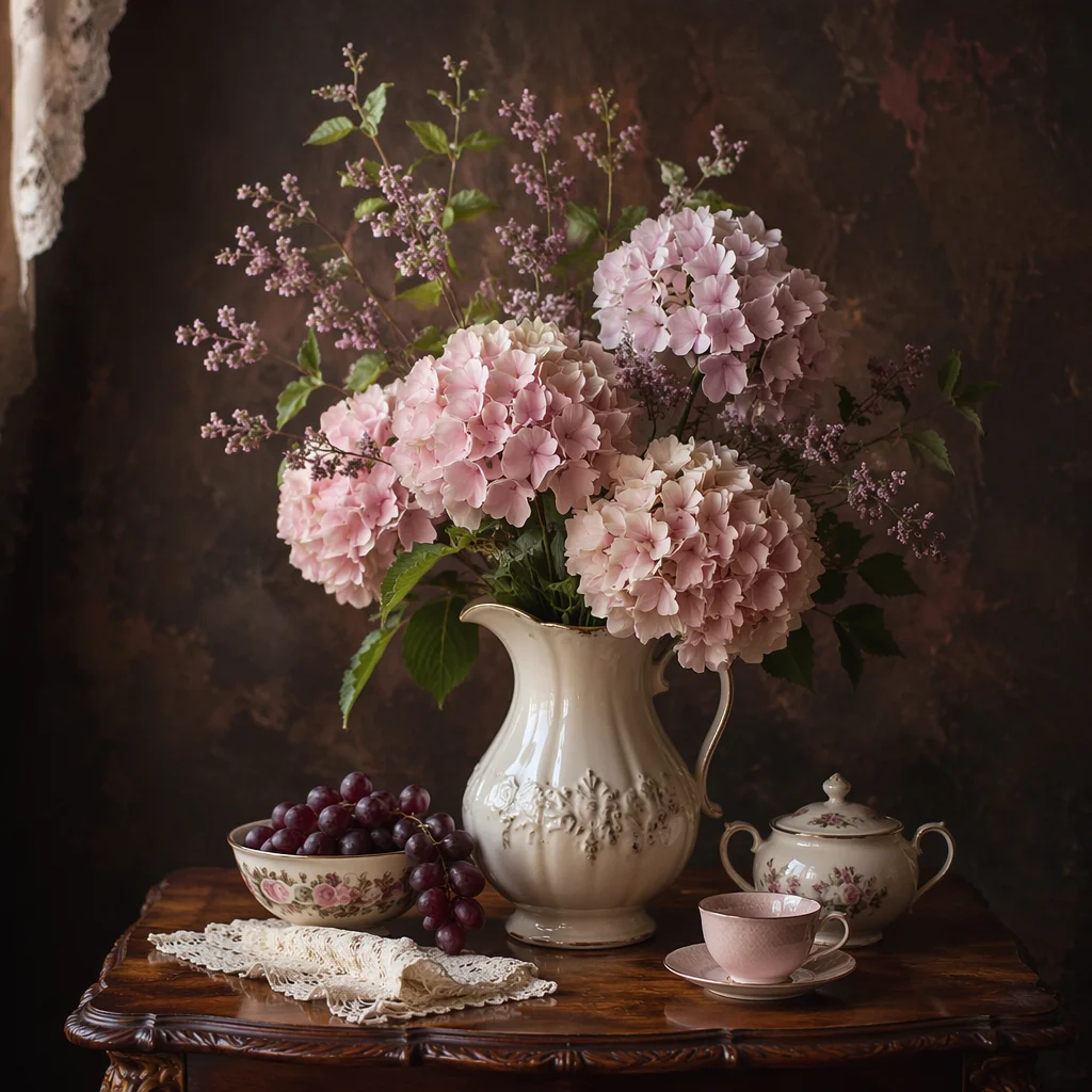 Romantic Hydrangea Still Life on Antique Table