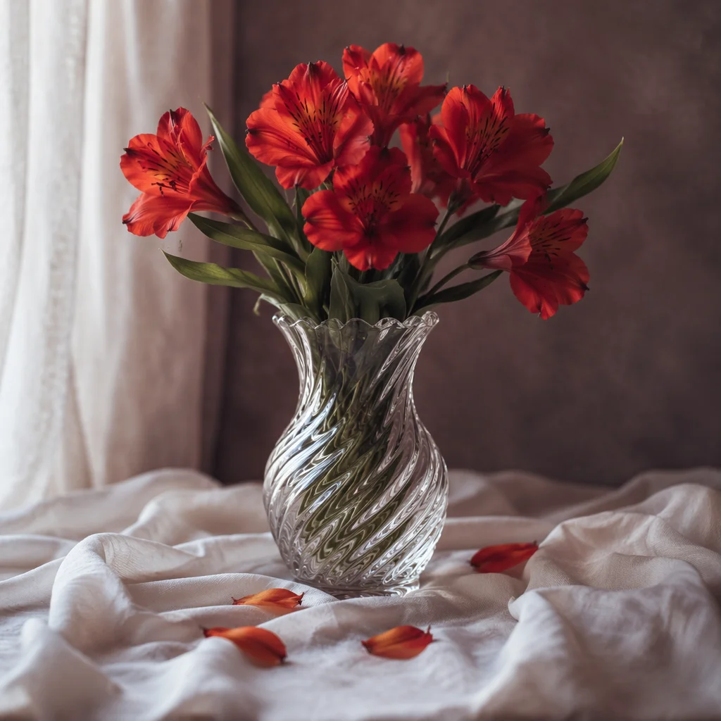 Romantic Red Orange Floral Vase Still Life