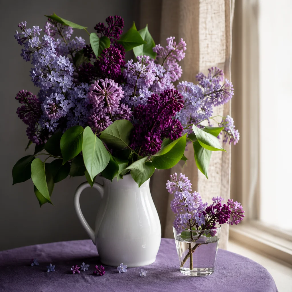 Spring Lilacs in White Ceramic Pitcher
