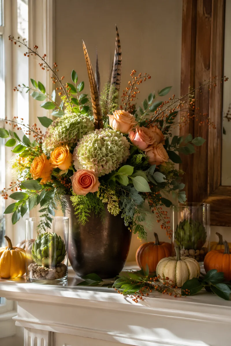 Autumn Floral Vase on White Mantel