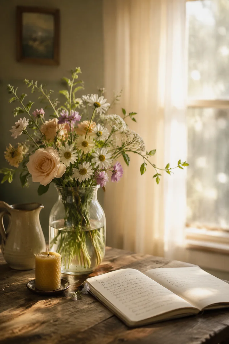 Sunlit Spring Flowers in Cottage Vase