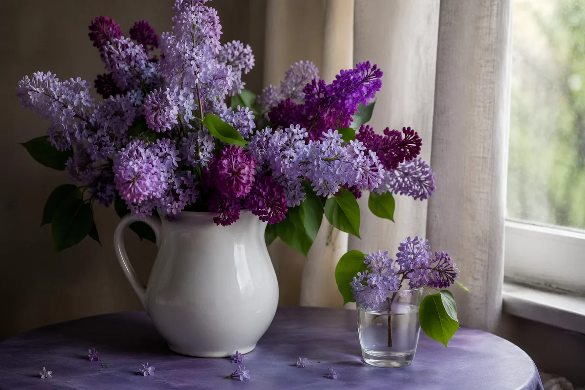 Spring Lilacs in White Ceramic Pitcher