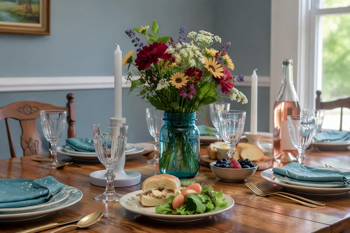 Fellowship Table with Colorful Flower Bouquet