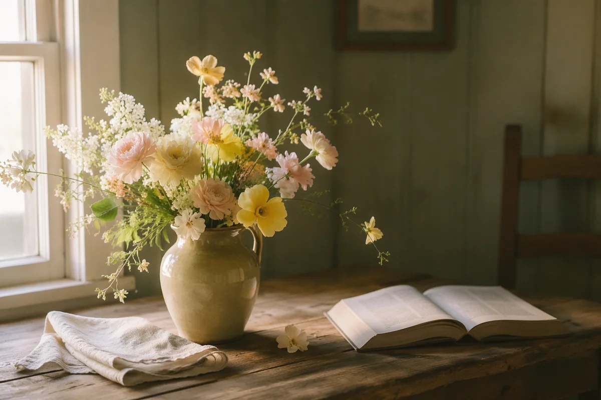 Spring Flower Arrangement on Wooden Table