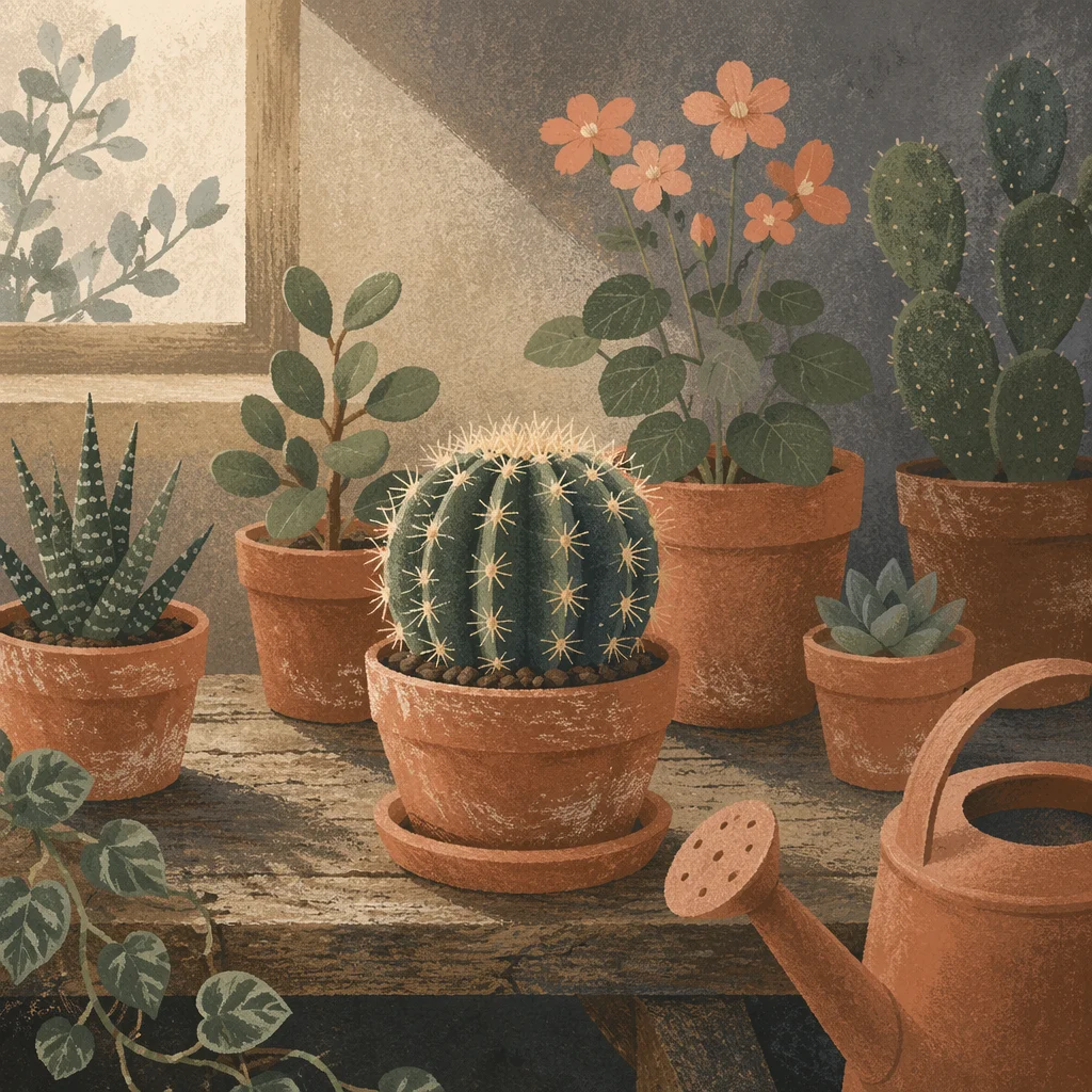 Moody Indoor Plants on Rustic Shelf