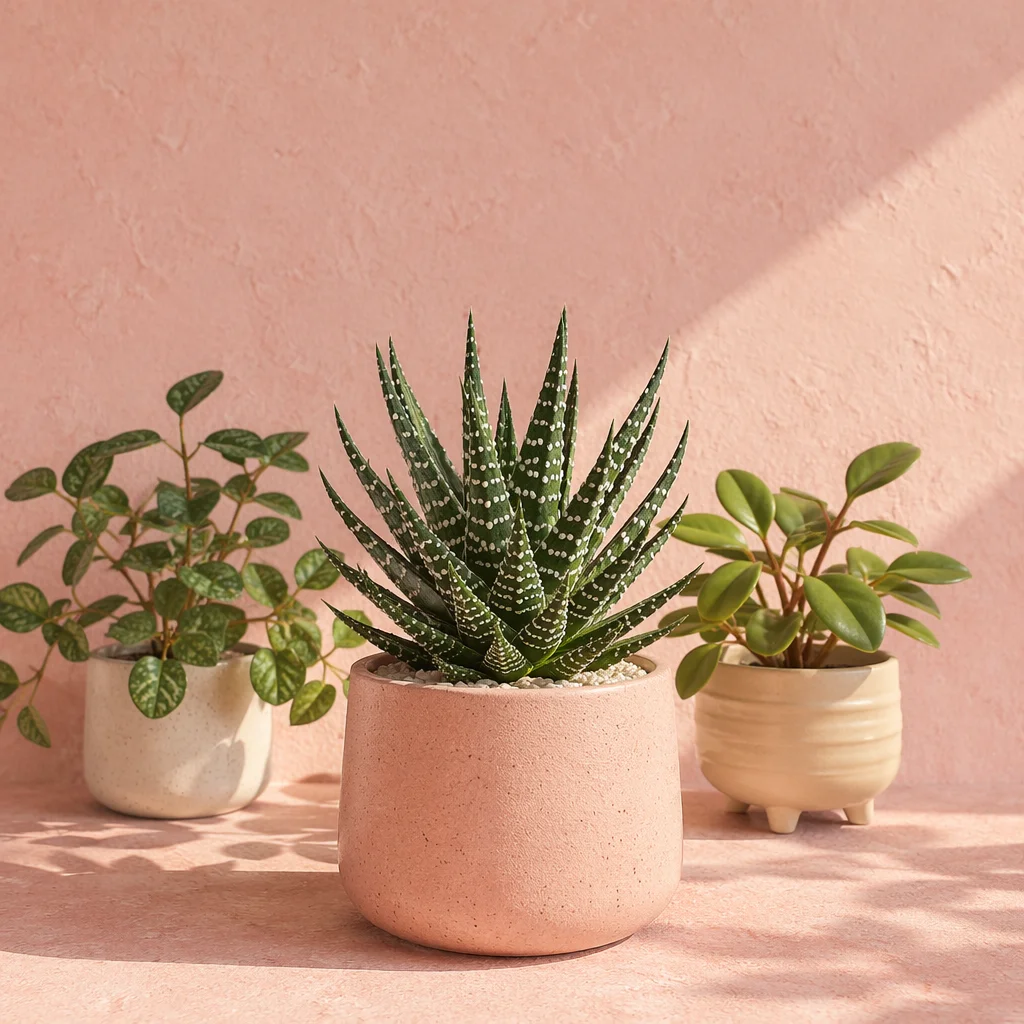 Pastel Indoor Plants on Minimal Shelf