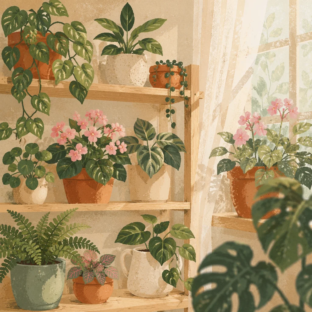 Sunlit Indoor Plant Shelf with Blooming Pots