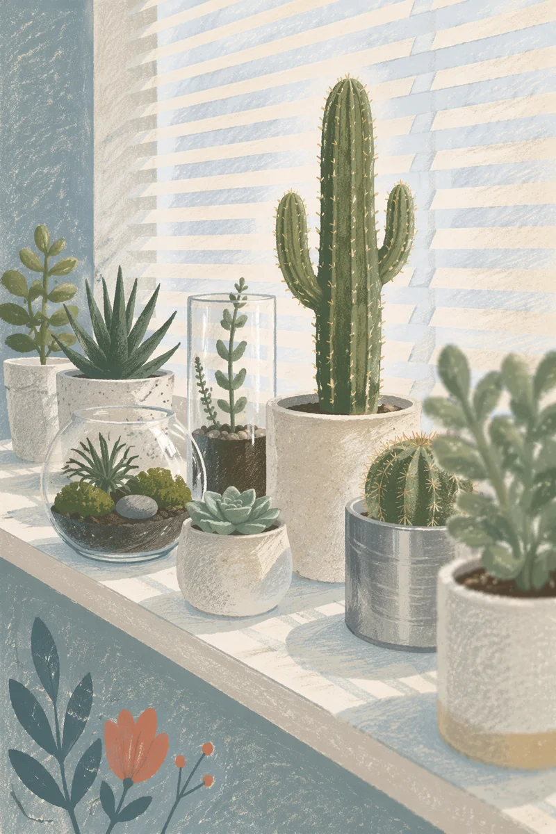 Calm Indoor Plants on White Windowsill