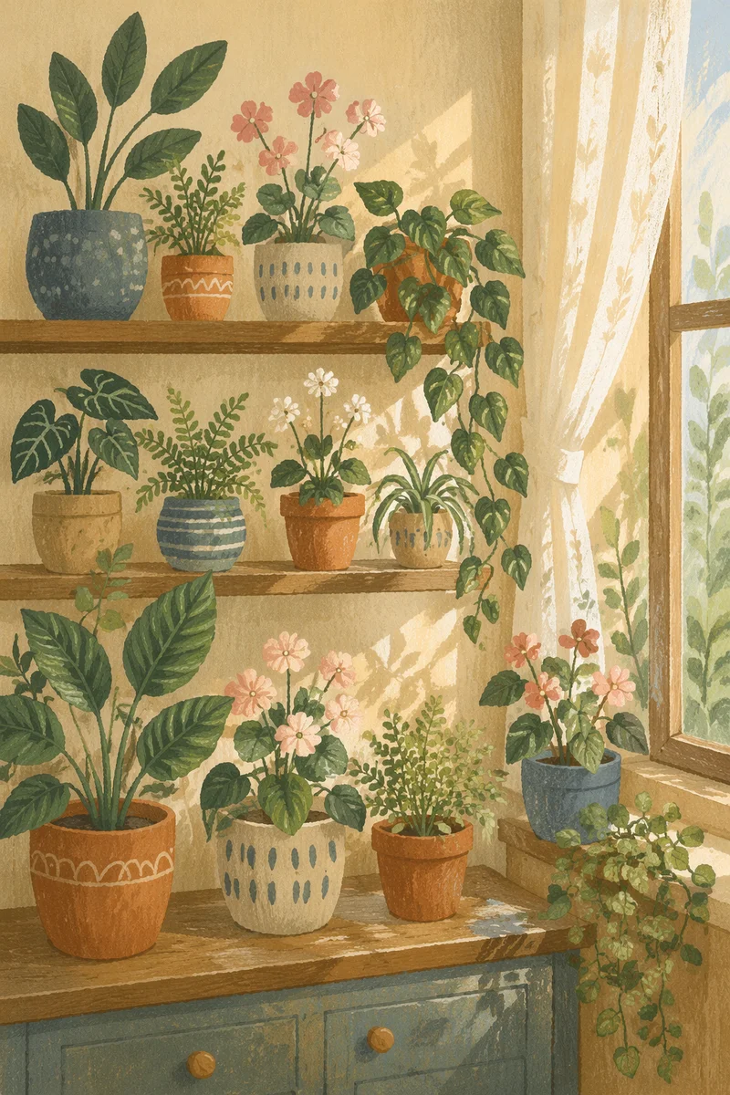 Sunlit Indoor Flowering Plants on Shelves