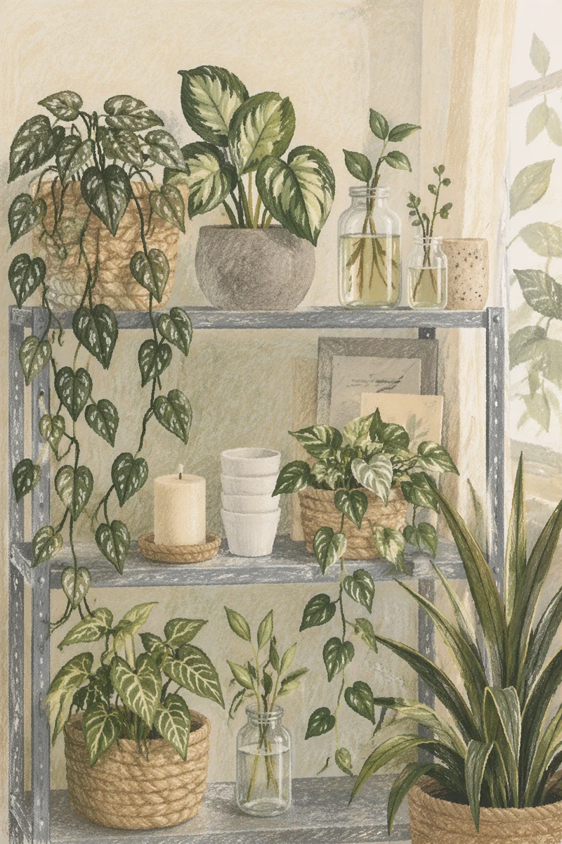Indoor Plant Shelf with Folk Art Charm