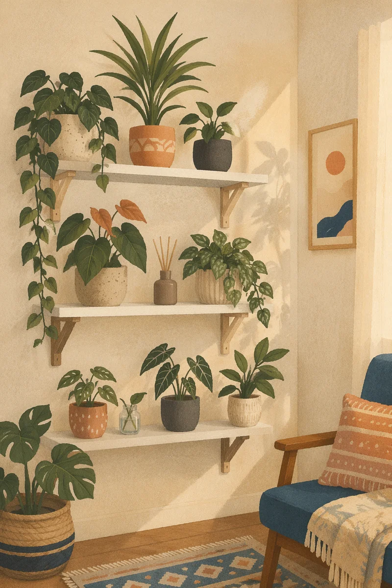 Cozy Indoor Plant Shelf Arrangement