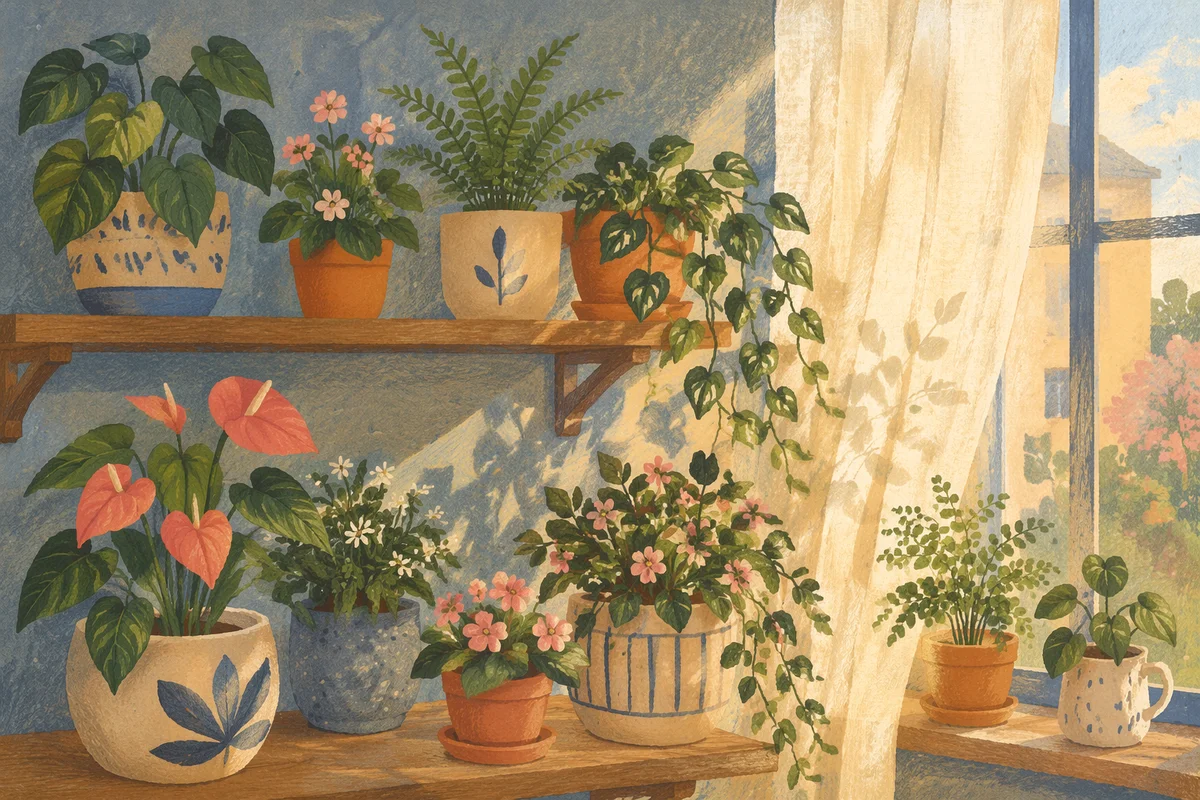Sunlit Indoor Flowering Plants on Wooden Shelves