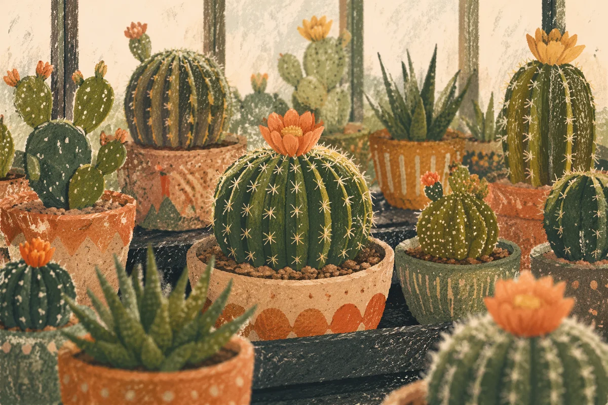 Indoor Cacti and Flowering Succulents on Shelf