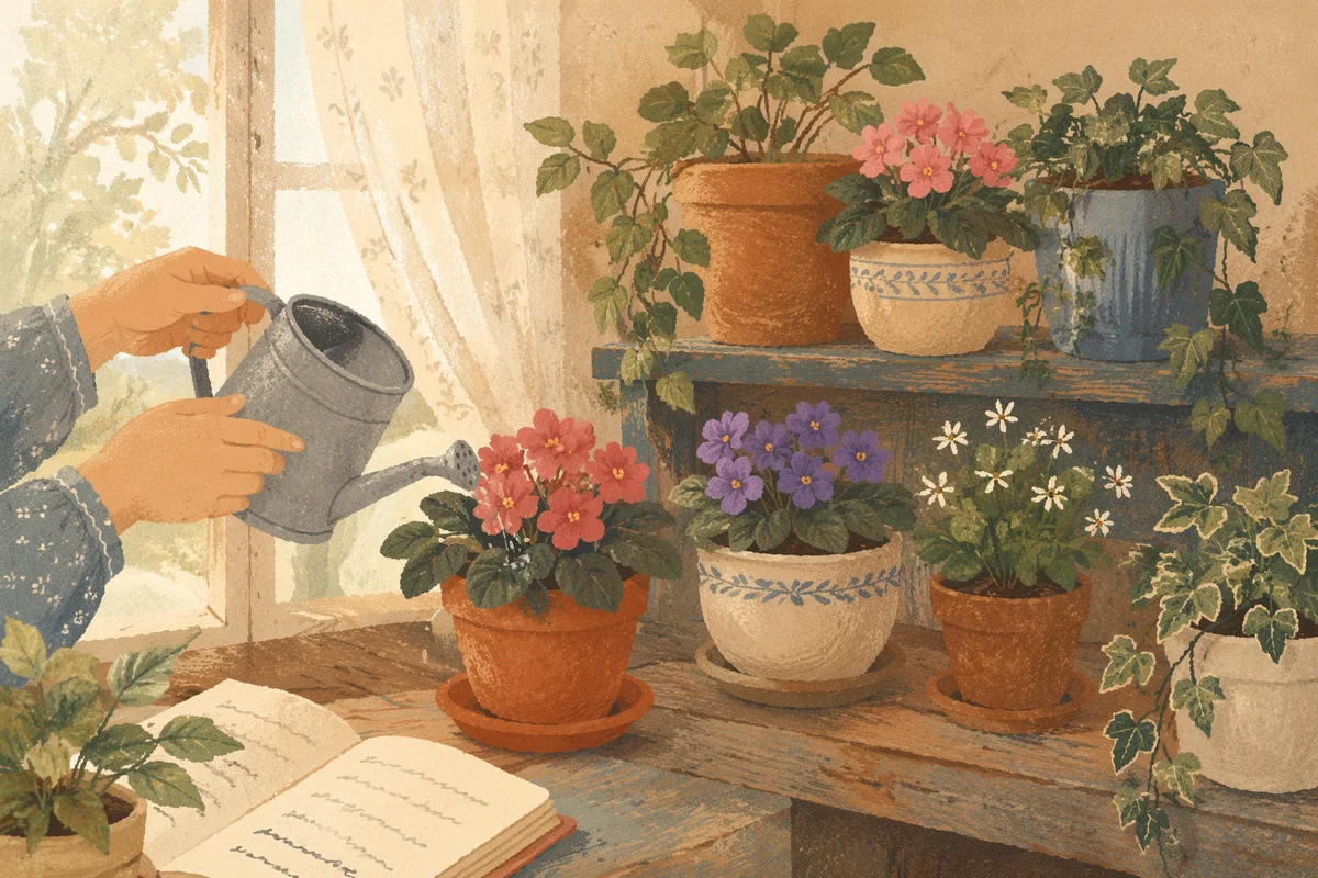 Peaceful Indoor Plant Shelf with Morning Flowers