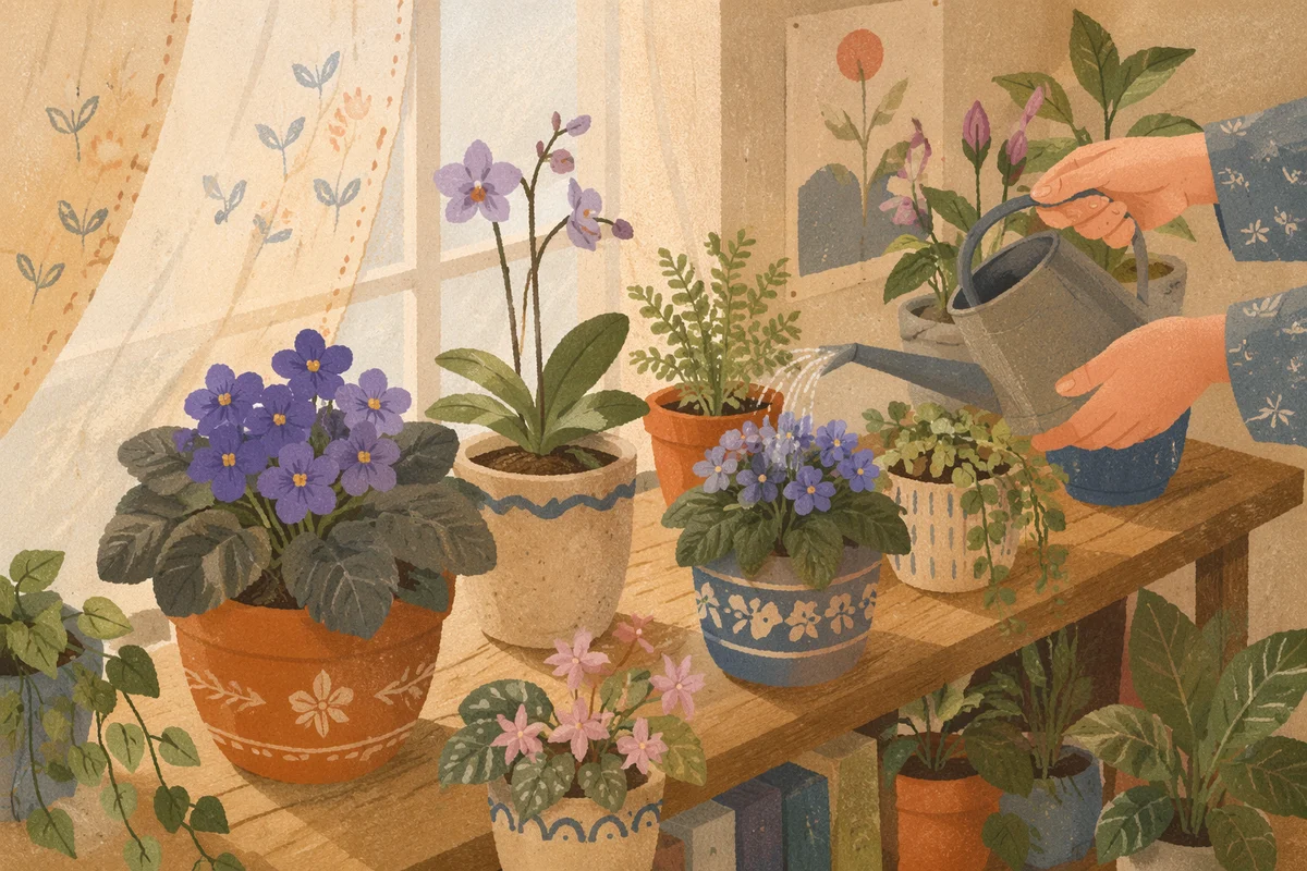 Peaceful Indoor Flowering Plants on Wooden Shelf